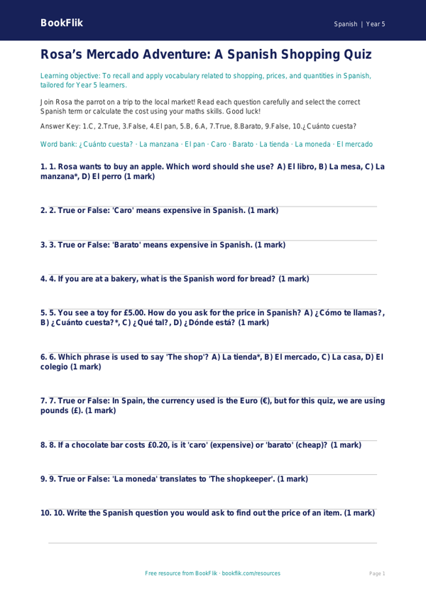Free Shopping Quiz | Year 5 Greater Depth | BookFlik worksheet preview — Spanish Shopping