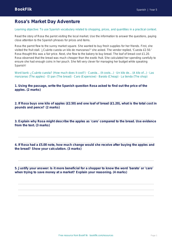 Free Shopping Track Sheet | Year 5 Greater Depth | BookFlik worksheet preview — Spanish Shopping