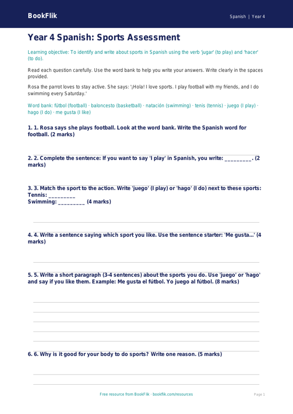 Free Sports Assessment | Year 4 Supported | BookFlik worksheet preview — Spanish Sports