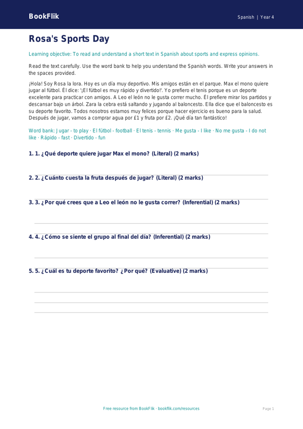 Free Sports Comprehension | Year 4 Supported | BookFlik worksheet preview — Spanish Sports