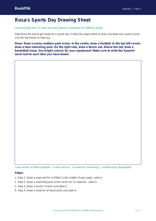Free Sports Drawing Sheet | Year 4 Supported | BookFlik worksheet preview — Spanish Sports