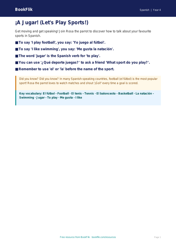 Free Sports Poster Worksheet | Year 4 Supported | BookFlik worksheet preview — Spanish Sports