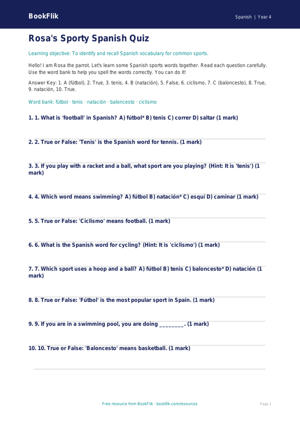 Free Sports Quiz | Year 4 Supported | BookFlik worksheet preview — Spanish Sports
