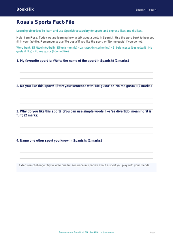 Free Sports Template | Year 4 Supported | BookFlik worksheet preview — Spanish Sports