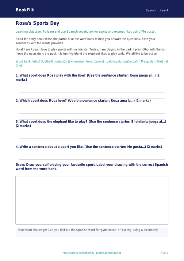 Free Sports Track Sheet | Year 4 Supported | BookFlik worksheet preview — Spanish Sports