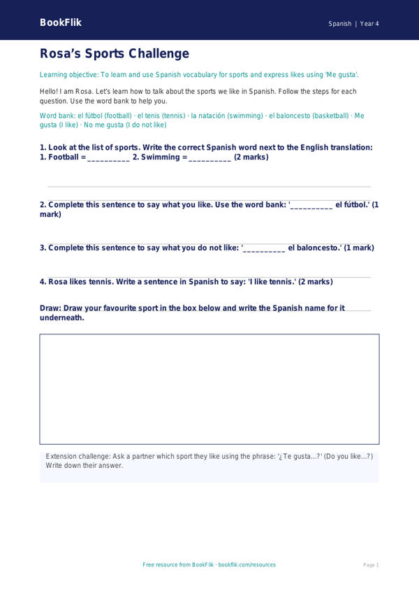 Free Sports Worksheet | Year 4 Supported | BookFlik worksheet preview — Spanish Sports