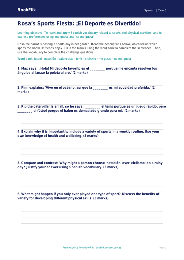 Free Sports Activity Sheet | Year 5 Greater Depth | BookFlik worksheet preview — Spanish Sports