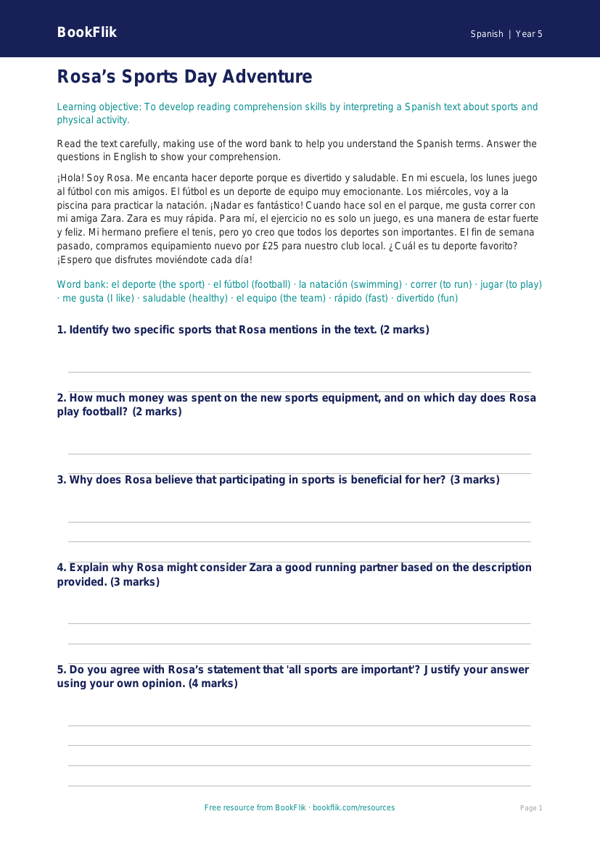Free Sports Comprehension | Year 5 Greater Depth | BookFlik worksheet preview — Spanish Sports