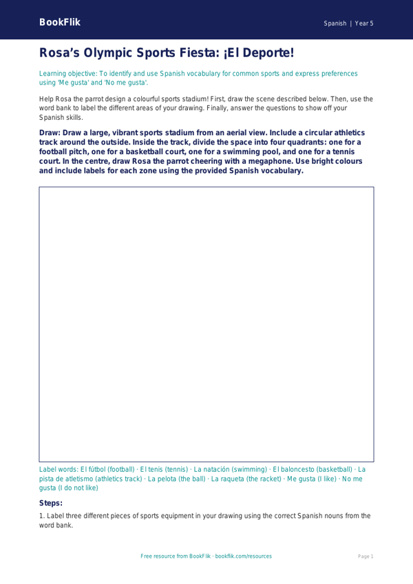 Free Sports Drawing Sheet | Year 5 Greater Depth | BookFlik worksheet preview — Spanish Sports