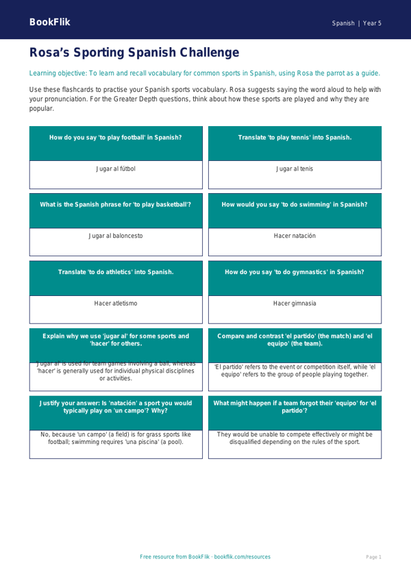 Free Sports Flashcards | Year 5 Greater Depth | BookFlik worksheet preview — Spanish Sports