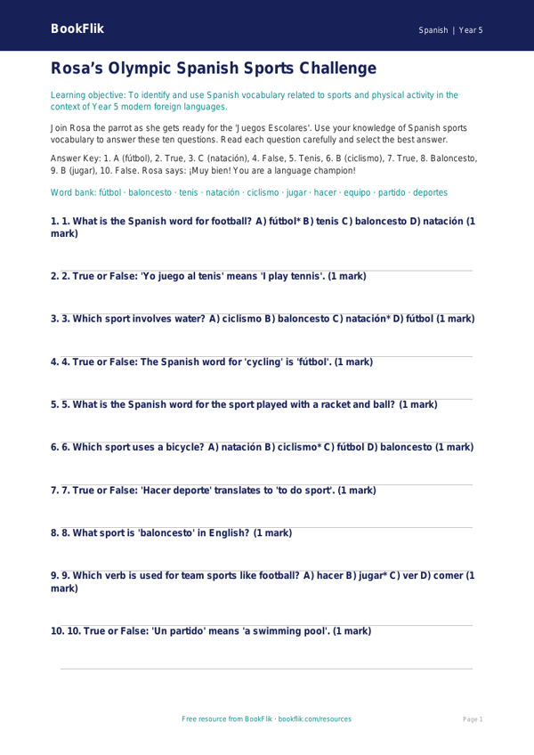 Free Sports Quiz | Year 5 Greater Depth | BookFlik worksheet preview — Spanish Sports