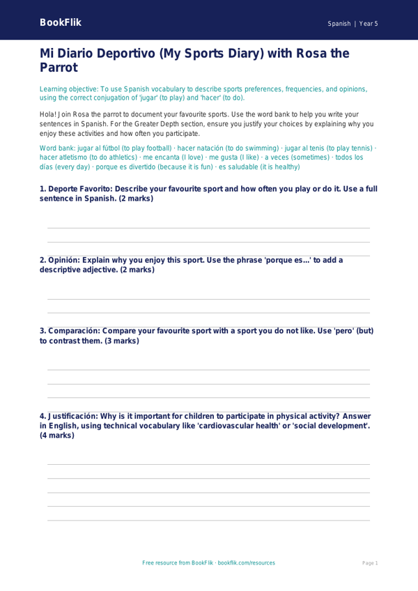 Free Sports Template | Year 5 Greater Depth | BookFlik worksheet preview — Spanish Sports