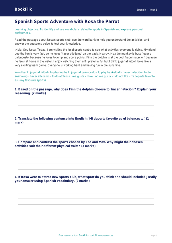 Free Sports Track Sheet | Year 5 Greater Depth | BookFlik worksheet preview — Spanish Sports