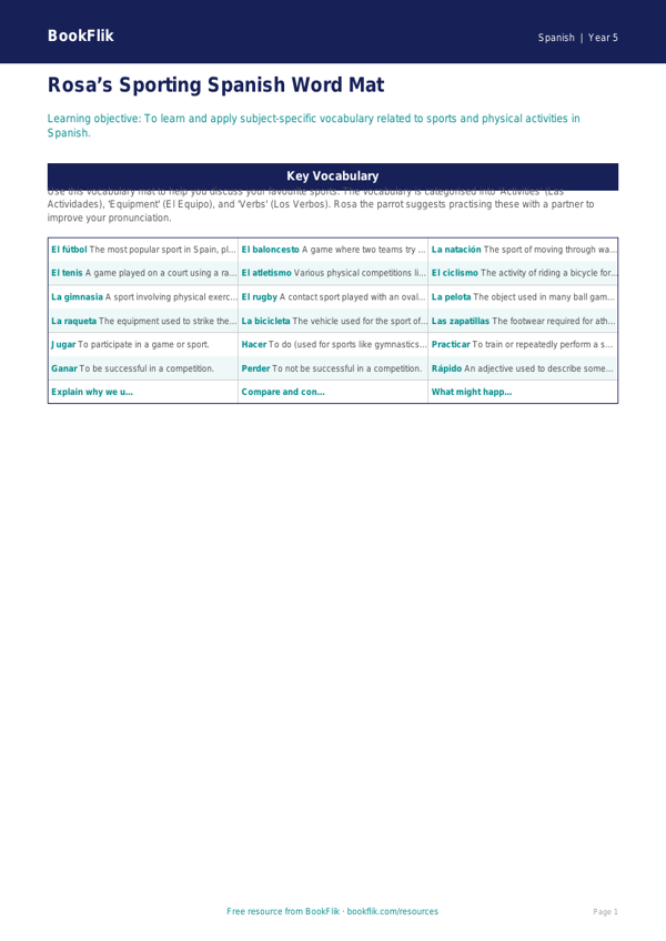 Free Sports Word Mat | Year 5 Greater Depth | BookFlik worksheet preview — Spanish Sports