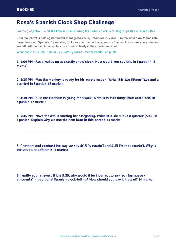 Free Telling The Time Activity Sheet | Year 5 Greater Depth | BookFlik worksheet preview — Spanish Telling The Time