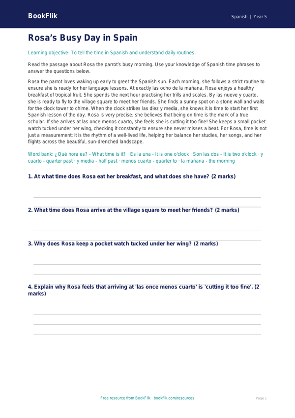 Free Telling The Time Comprehension | Year 5 Greater Depth | BookFlik worksheet preview — Spanish Telling The Time