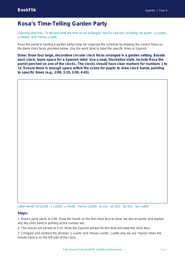 Free Telling The Time Drawing Sheet | Year 5 Greater Depth | BookFlik worksheet preview — Spanish Telling The Time