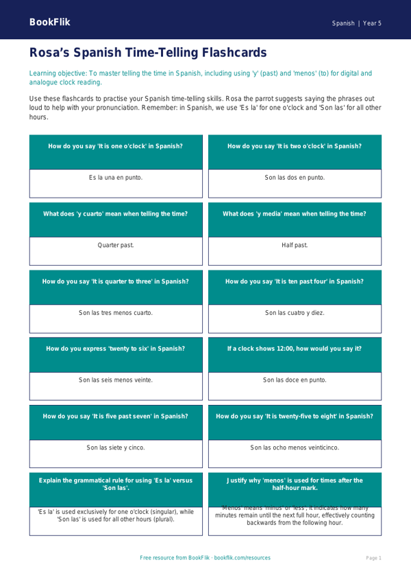 Free Telling The Time Flashcards | Year 5 Greater Depth | BookFlik worksheet preview — Spanish Telling The Time