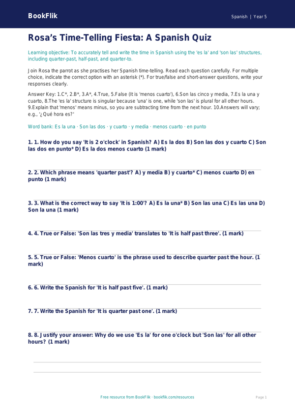 Free Telling The Time Quiz | Year 5 Greater Depth | BookFlik worksheet preview — Spanish Telling The Time