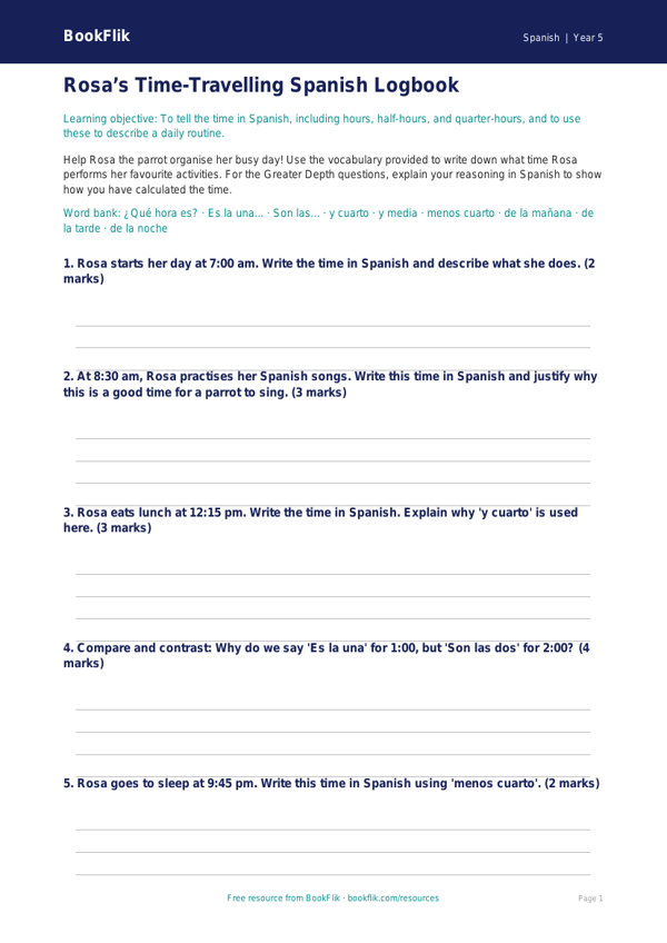 Free Telling The Time Template | Year 5 Greater Depth | BookFlik worksheet preview — Spanish Telling The Time