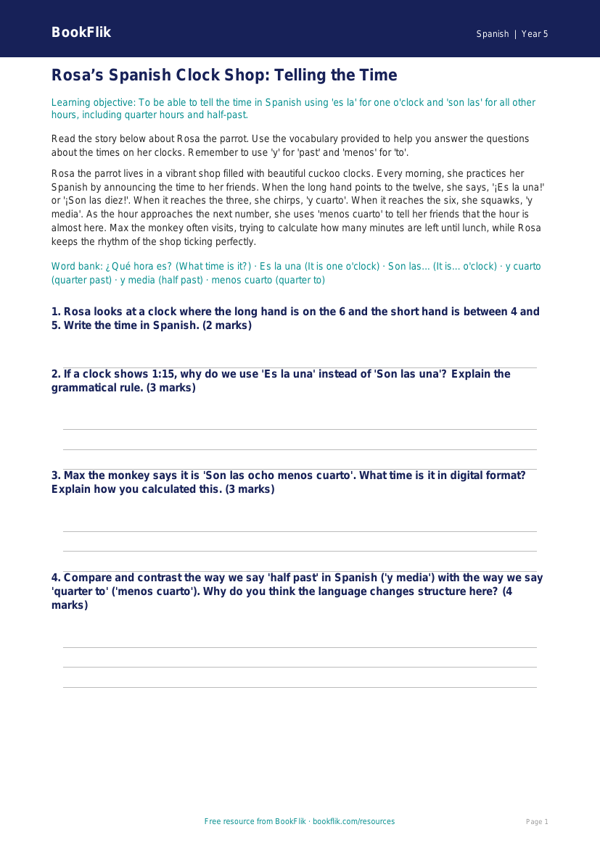 Free Telling The Time Track Sheet | Year 5 Greater Depth | BookFlik worksheet preview — Spanish Telling The Time