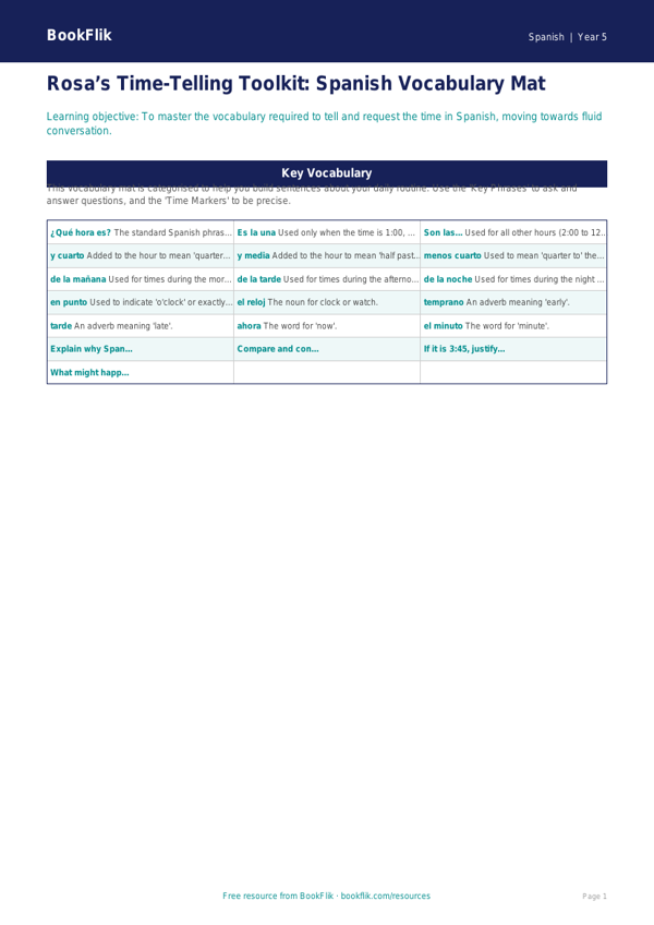 Free Telling The Time Word Mat | Year 5 Greater Depth | BookFlik worksheet preview — Spanish Telling The Time