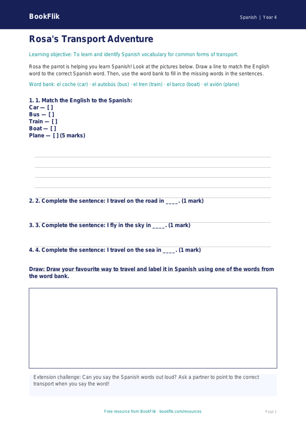 Free Transport Activity Sheet | Year 4 Supported | BookFlik worksheet preview — Spanish Transport