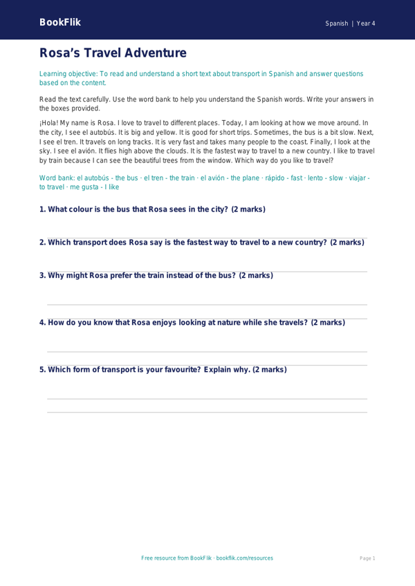 Free Transport Comprehension | Year 4 Supported | BookFlik worksheet preview — Spanish Transport