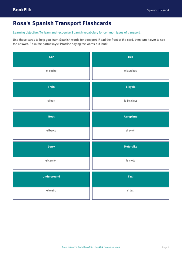 Free Transport Flashcards | Year 4 Supported | BookFlik worksheet preview — Spanish Transport