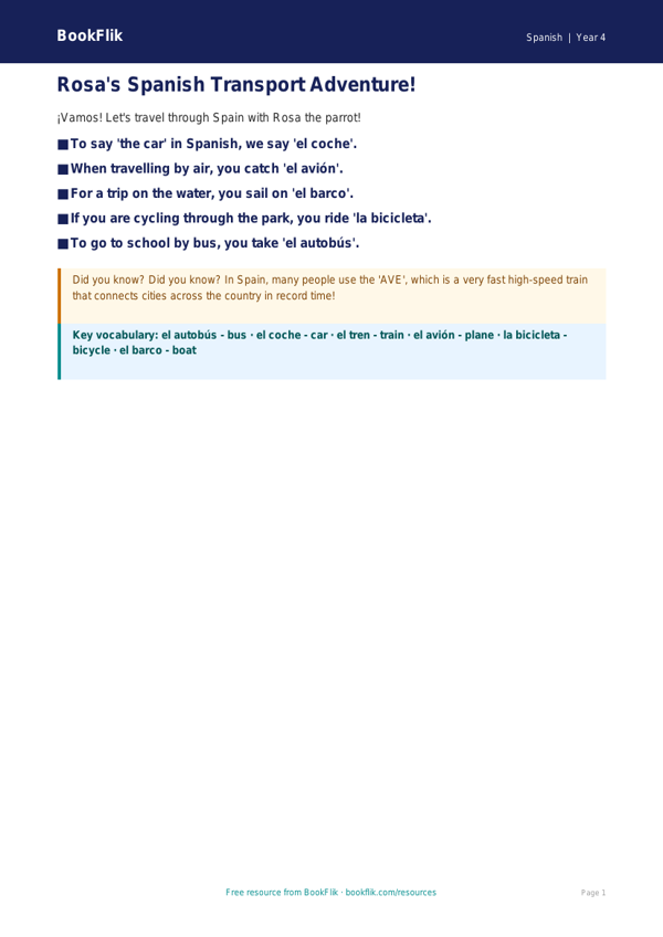 Free Transport Poster | Year 4 Supported | BookFlik worksheet preview — Spanish Transport
