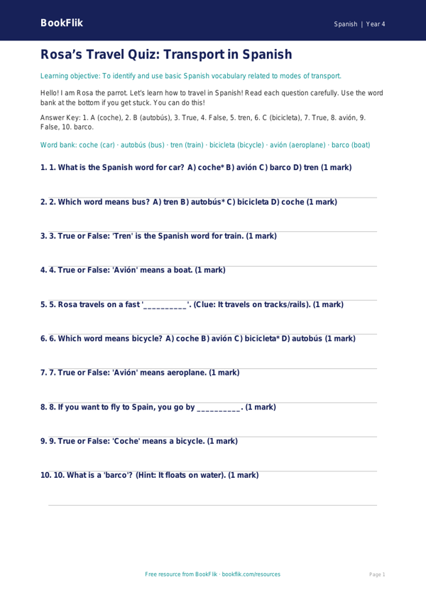 Free Transport Quiz | Year 4 Supported | BookFlik worksheet preview — Spanish Transport