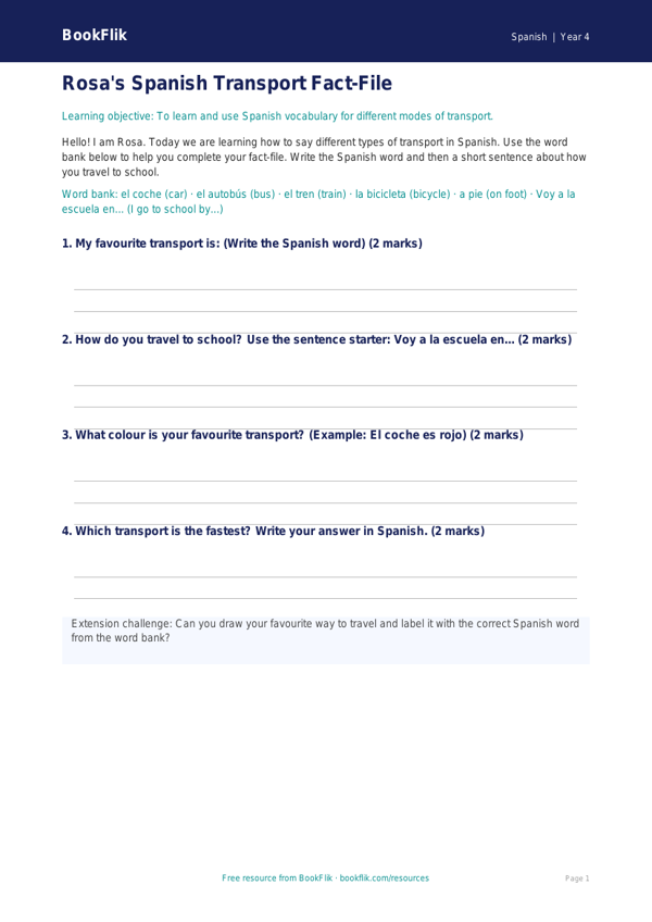 Free Transport Template | Year 4 Supported | BookFlik worksheet preview — Spanish Transport