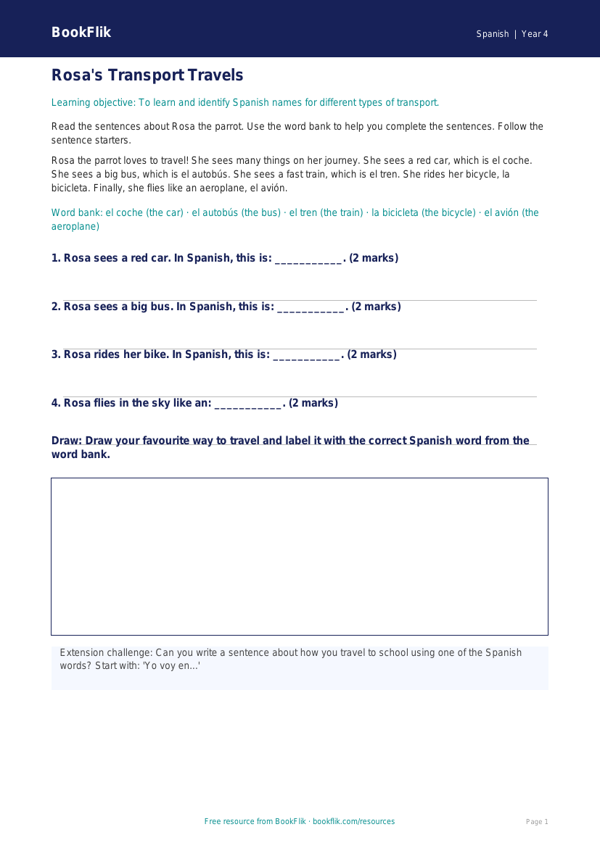 Free Transport Track Sheet | Year 4 Supported | BookFlik worksheet preview — Spanish Transport