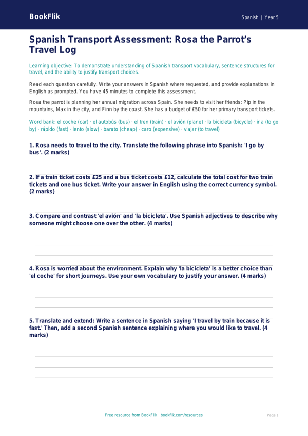 Free Transport Assessment | Year 5 Greater Depth | BookFlik worksheet preview — Spanish Transport