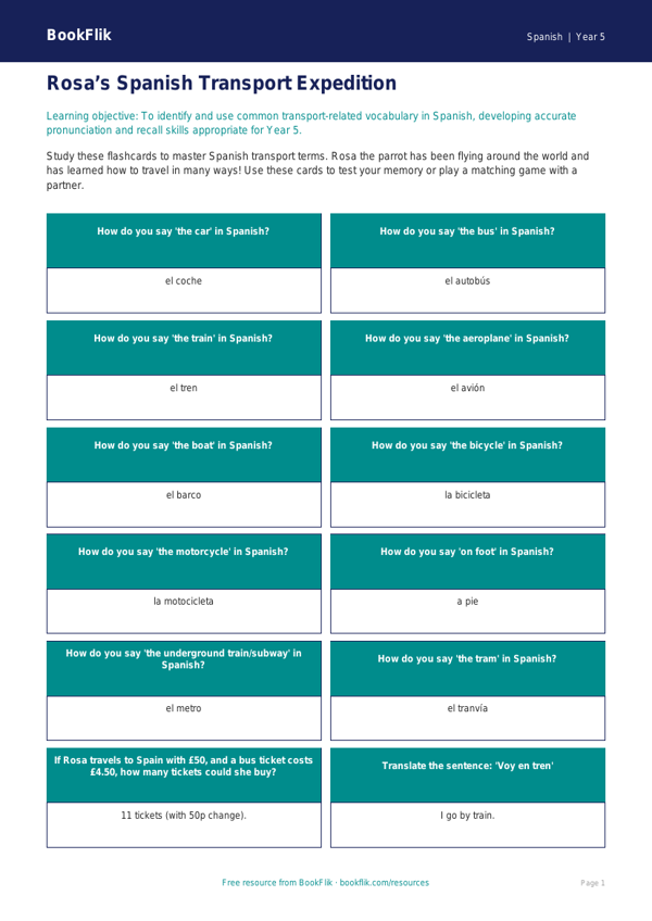 Free Transport Flashcards | Year 5 Greater Depth | BookFlik worksheet preview — Spanish Transport