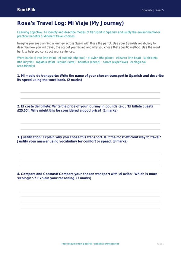 Free Transport Template | Year 5 Greater Depth | BookFlik worksheet preview — Spanish Transport