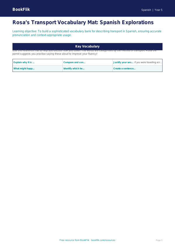 Free Transport Word Mat | Year 5 Greater Depth | BookFlik worksheet preview — Spanish Transport