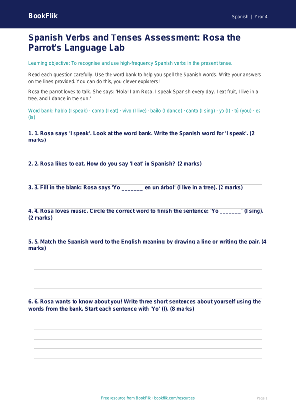 Free Verbs And Tenses Assessment | Year 4 Supported | BookFlik worksheet preview — Spanish Verbs And Tenses