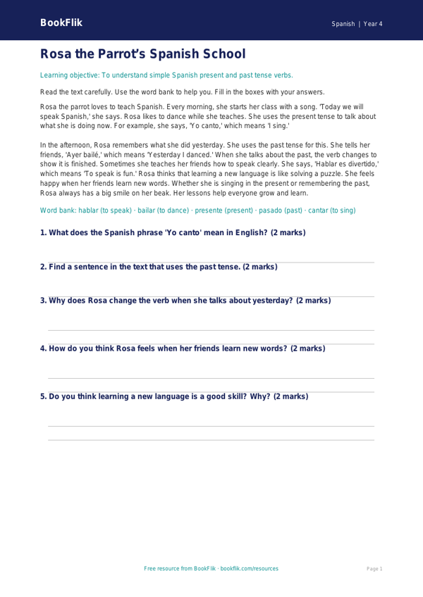 Free Verbs And Tenses Comprehension | Year 4 Supported | BookFlik worksheet preview — Spanish Verbs And Tenses