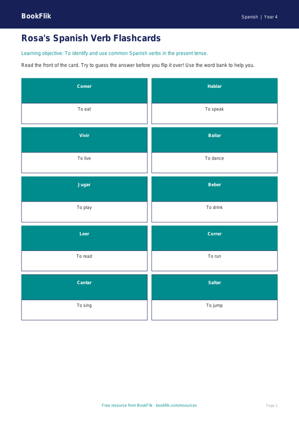 Free Verbs And Tenses Flashcards | Year 4 Supported | BookFlik worksheet preview — Spanish Verbs And Tenses
