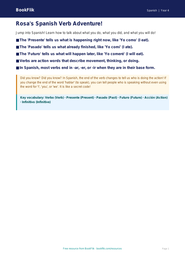 Free Verbs And Tenses Poster | Year 4 Supported | BookFlik worksheet preview — Spanish Verbs And Tenses