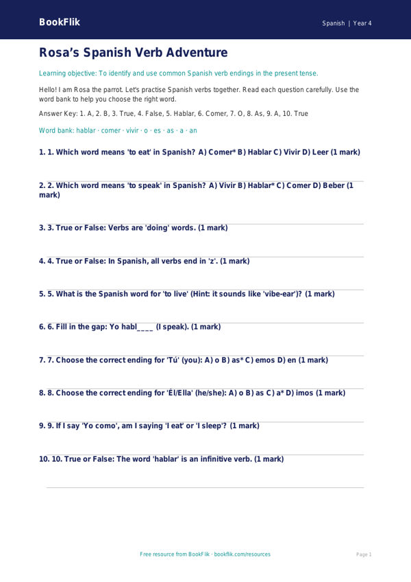 Free Verbs And Tenses Quiz | Year 4 Supported | BookFlik worksheet preview — Spanish Verbs And Tenses