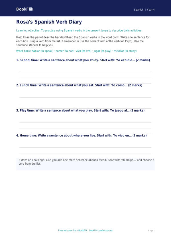 Free Verbs And Tenses Template | Year 4 Supported | BookFlik worksheet preview — Spanish Verbs And Tenses