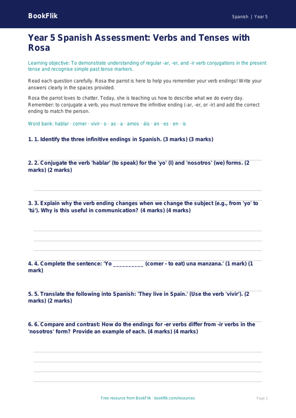 Free Verbs And Tenses Assessment | Year 5 Greater Depth | BookFlik worksheet preview — Spanish Verbs And Tenses