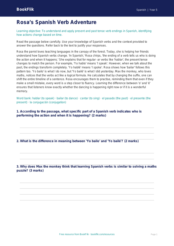 Free Verbs And Tenses Comprehension | Year 5 Greater Depth | BookFlik worksheet preview — Spanish Verbs And Tenses