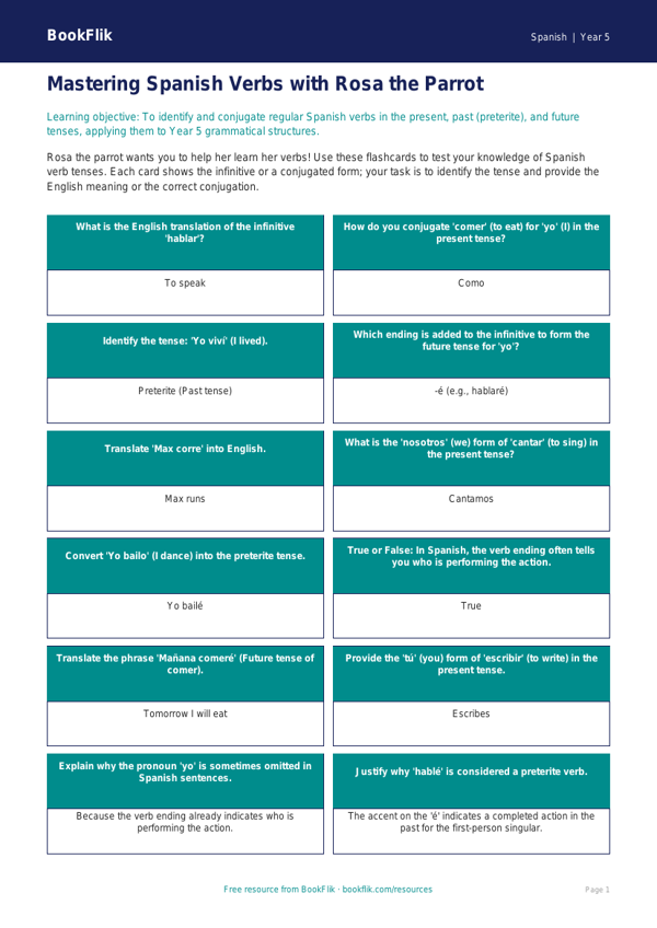 Free Verbs And Tenses Flashcards | Year 5 Greater Depth | BookFlik worksheet preview — Spanish Verbs And Tenses