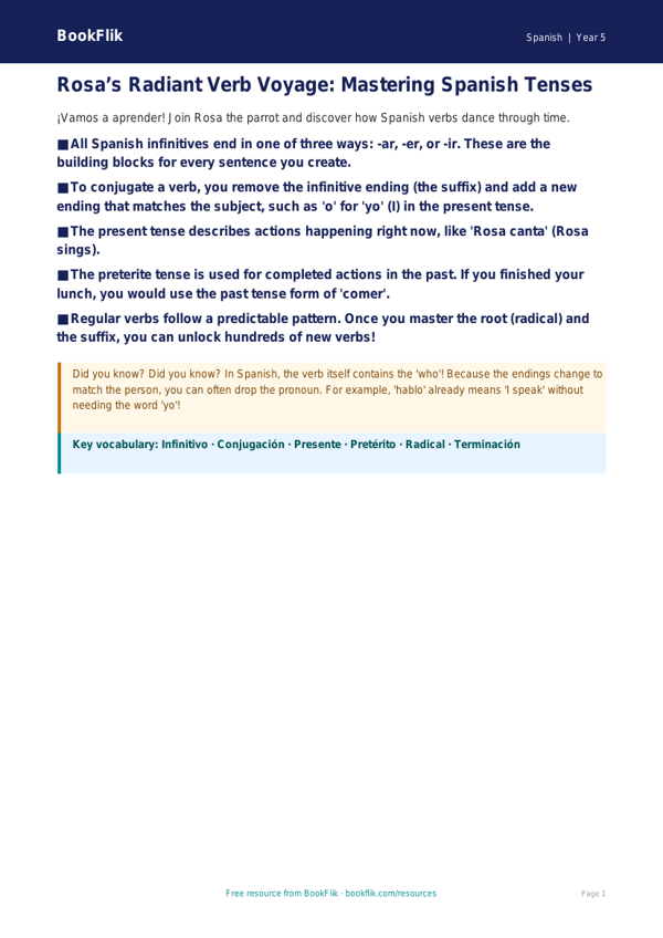 Free Verbs And Tenses Poster | Year 5 Greater Depth | BookFlik worksheet preview — Spanish Verbs And Tenses