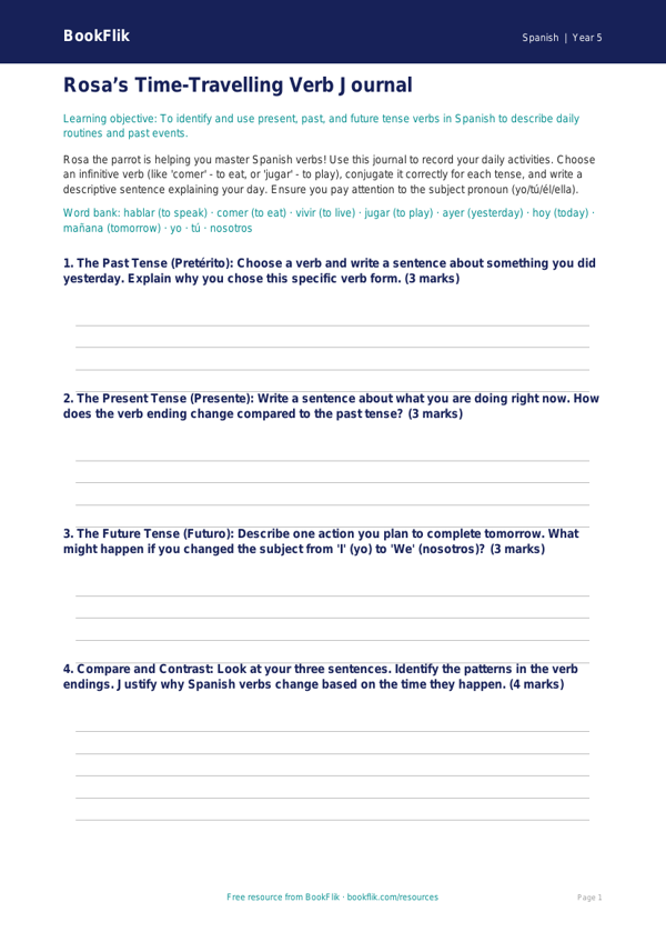 Free Verbs And Tenses Template | Year 5 Greater Depth | BookFlik worksheet preview — Spanish Verbs And Tenses