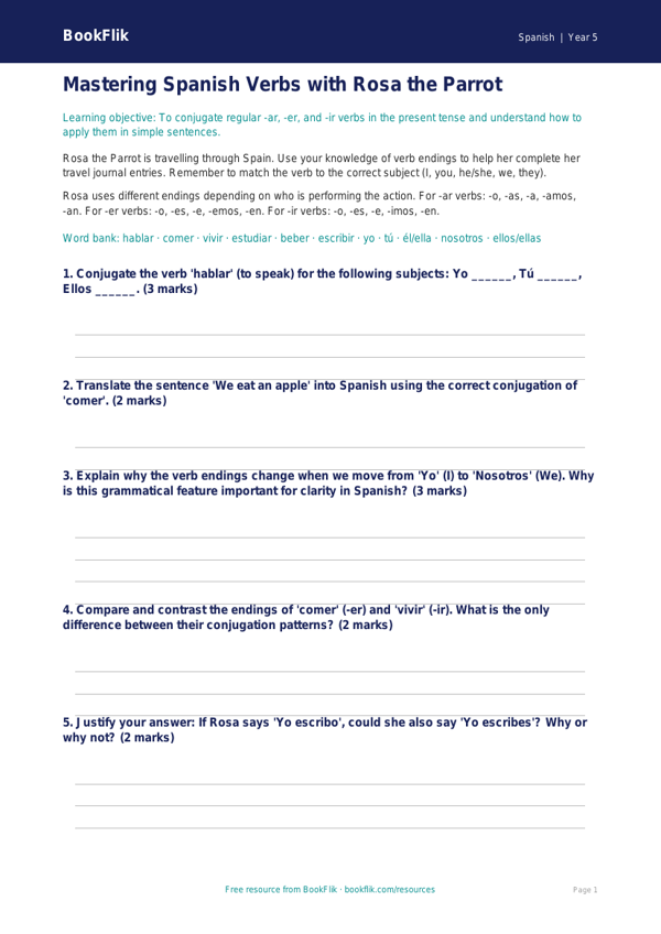 Free Verbs And Tenses Worksheet | Year 5 Greater Depth | BookFlik worksheet preview — Spanish Verbs And Tenses