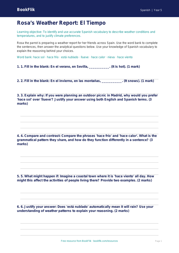 Free Weather Activity Sheet | Year 5 Greater Depth | BookFlik worksheet preview — Spanish Weather